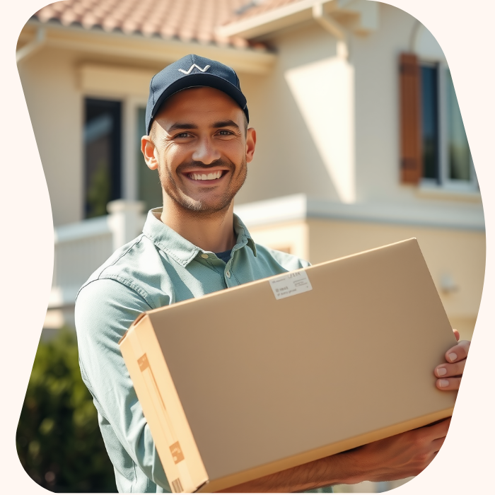 Two removalists moving boxes up stairs