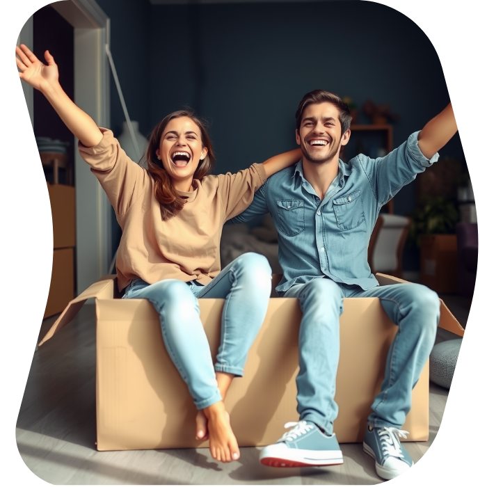 Two guys sitting on the floor of their apartment with Muval moving boxes